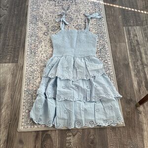 Blue flouncy sun dress with tie shoulder straps (small)